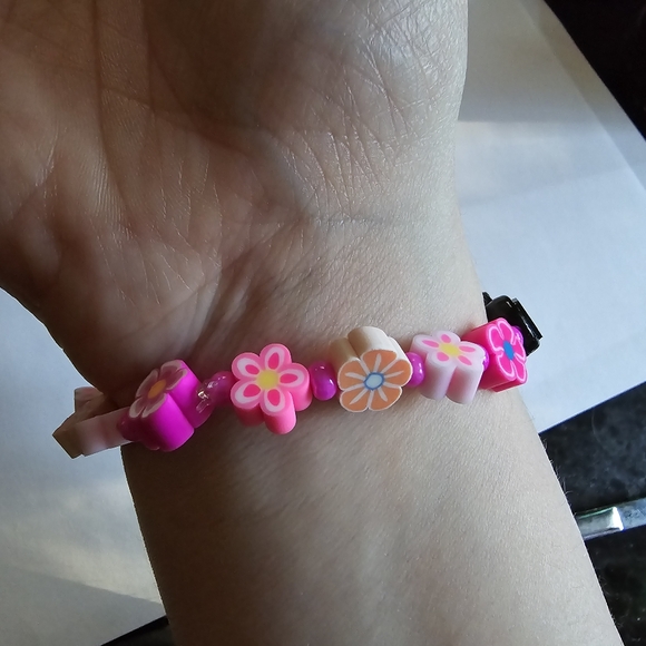 Be Nice bracelet handmade pink word elastic flowers floral mantra jewelry - Picture 7 of 7